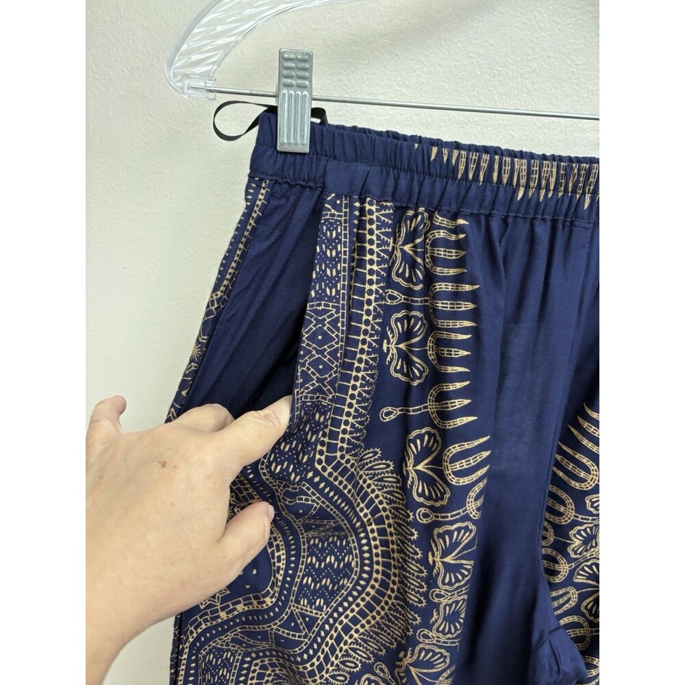 Lapogee Worldover Women Harem Pants M Blue Gold Boho Dashiki Yoga Smocked Waist - Picture 4 of 15